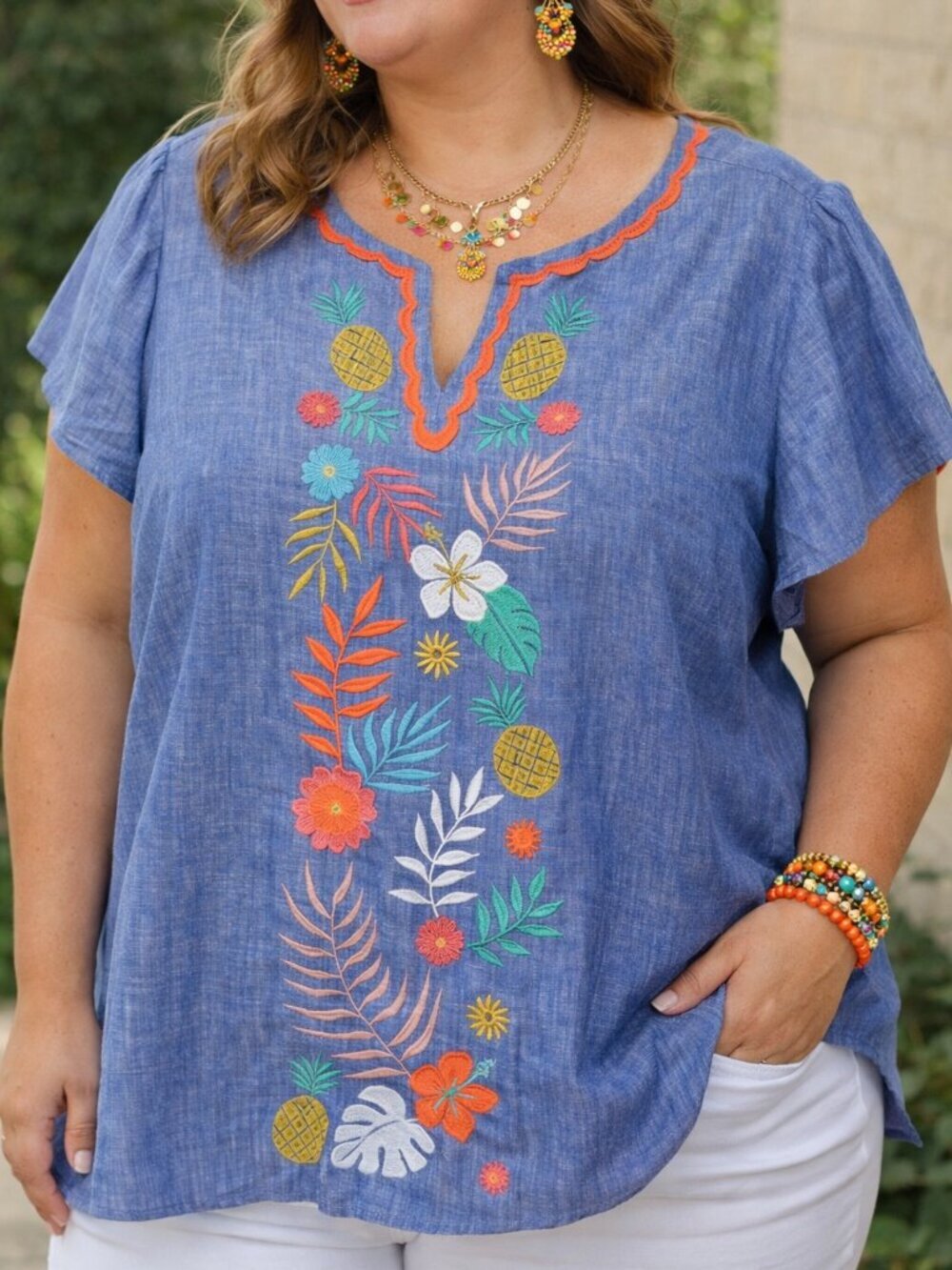 Talbots Blue Embroidered Linen-Blend Flutter Sleeve Top - 2XL